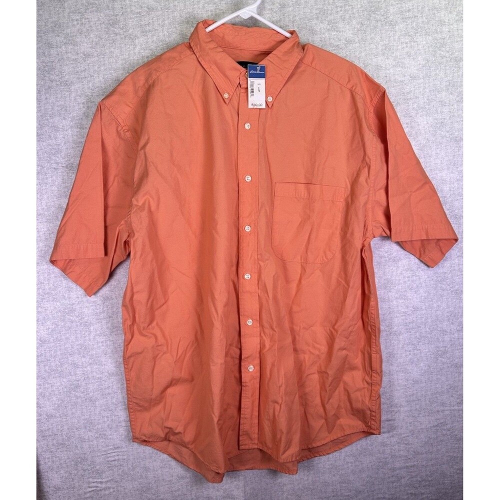 NWT Mens Eddie Bauer Short Sleeve Shirt Cotton Poplin Size Large Orange Apricot - Picture 1 of 7